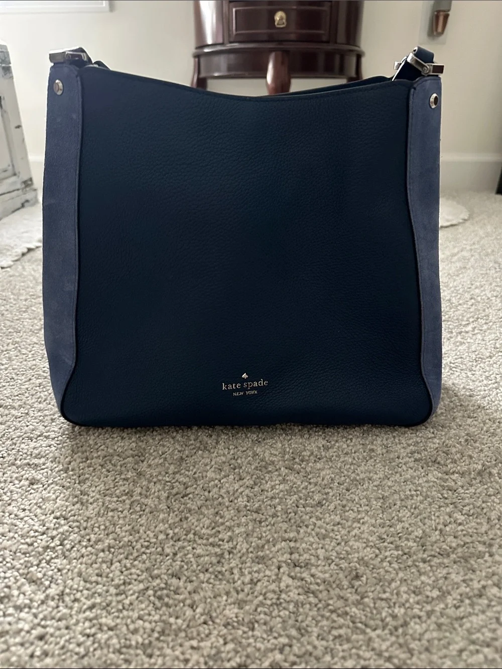 kate spade pebbled leather shoulder bag in navy with blue suede trim